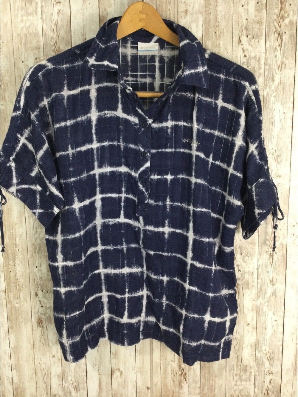 Womens Columbia Navy Tie Dye Short Sleeve Collar 1/4th Button Down Cotton Top sm